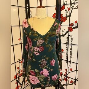 Womens A.Again 14 0X Hunter Green Floral Fitted Long Sleeve Blouse Made in USA